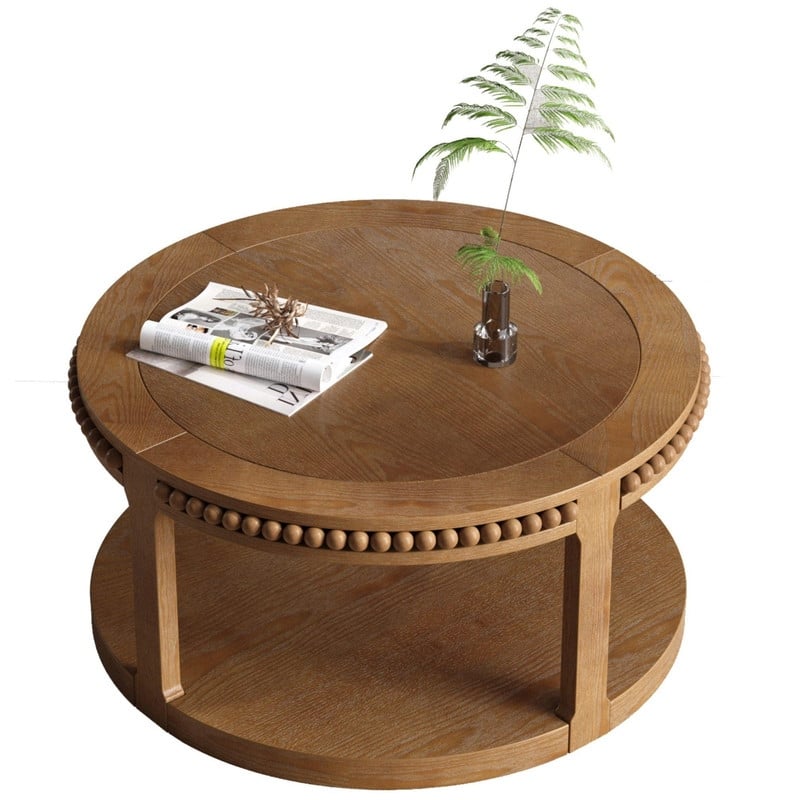 Round Solid Wood Coffee Table, Two-Tier Design with Sturdy Construction for Living Room Elegance