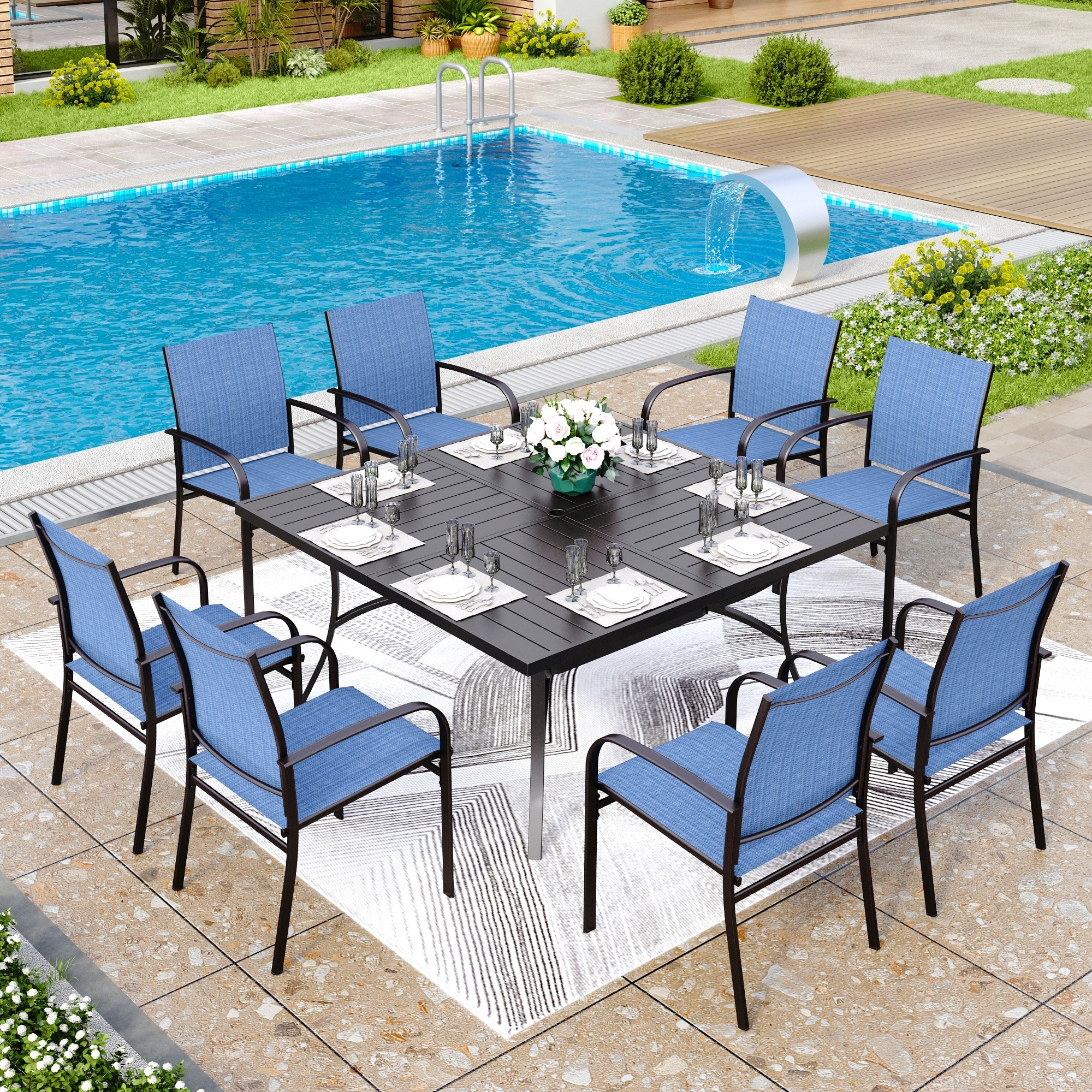 MAISON ARTS 9 Pieces Patio Dining Set, Large Square Metal Table and 8 Textilene Dining Chairs