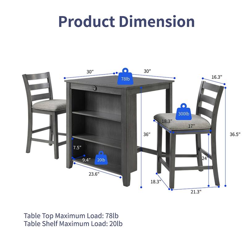 30" Modern Dining Table Set, 2-Seater Charging Station 3-Tier Storage