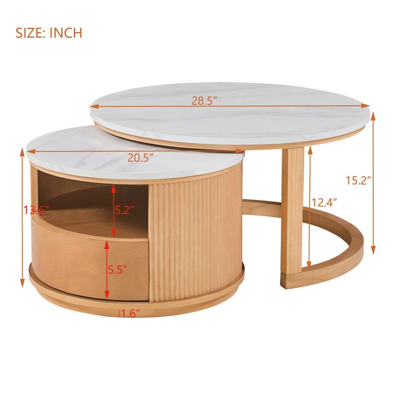 28.5'' Round Nesting Coffee Table Set with White Marble Top, 2-Tier Storage & 1 Drawer, Natural Wood Base