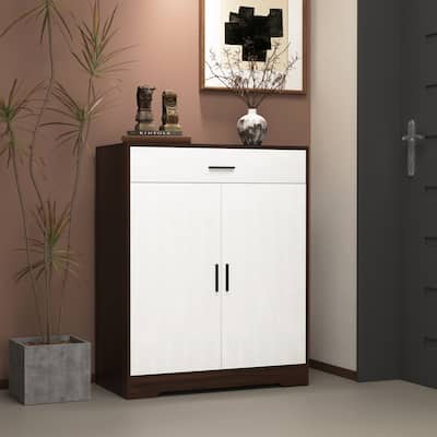 Shoe Cabinet, 4-Tier Shoe Rack Organizer with 1 Drawer and with 2 White Door & Adjustable Shelves