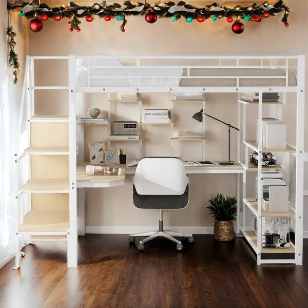 slide 2 of 32, Metal Full Size Loft Bed with Storage Staircase,Small Wardrobe,Built-in Desk and Storage Shelves White