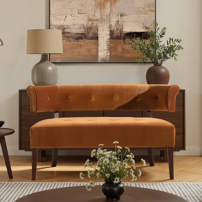 Roll Arm Tufted Bench Settee,Performance Velvet - Burnt Orange