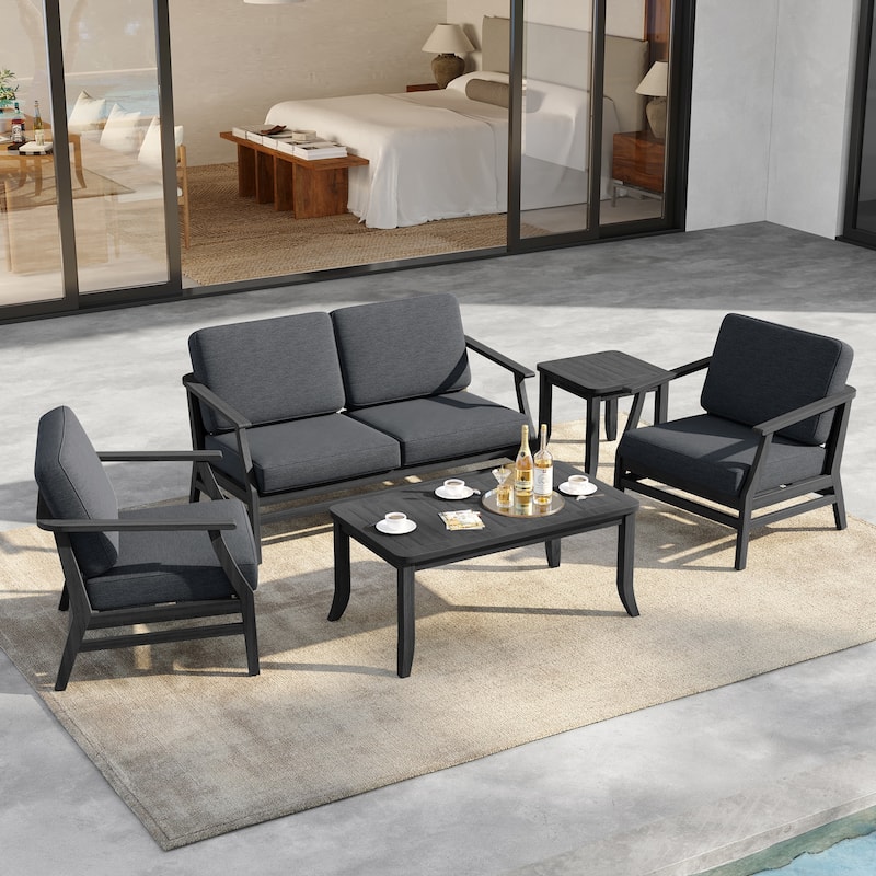 5-Piece Outdoor Teak Wood Patio Conversation Set with Cushions