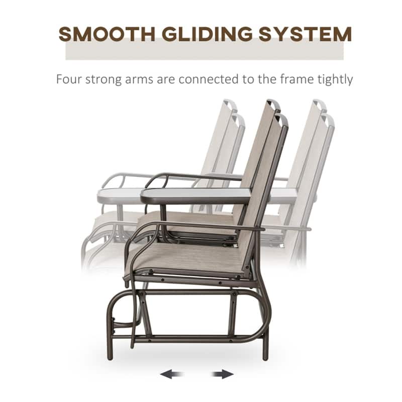 Two-Person Outdoor Beige Sling Glider Bench with Center Table and Brown Steel Frame for Patio Seating