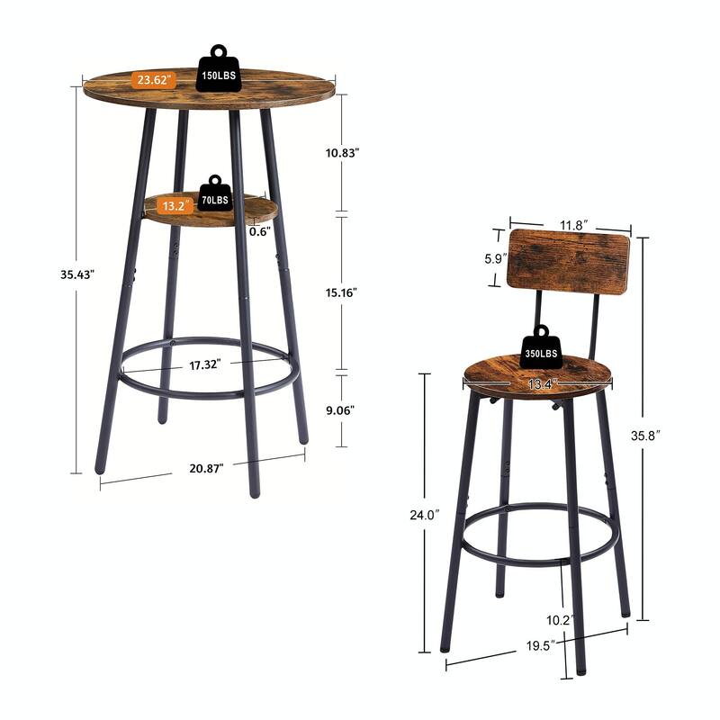 Round Bar Stool Set with Backrest and Shelf - Upholstered