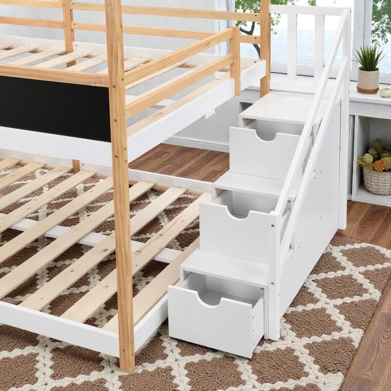 Full over Full / Twin over Twin House Bunk Bed with Roof, Windows, Blackboard, Storage Stairs, Solid Wood Frame