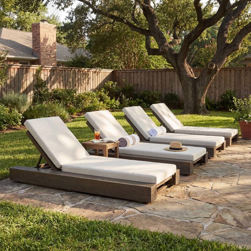 Christopher Knight Home - Amedea Outdoor Acacia Wood Chaise Lounge with Adjustable Backrest & Water-Resistant Cushion - Set of 4-Beige+Teak Finish
