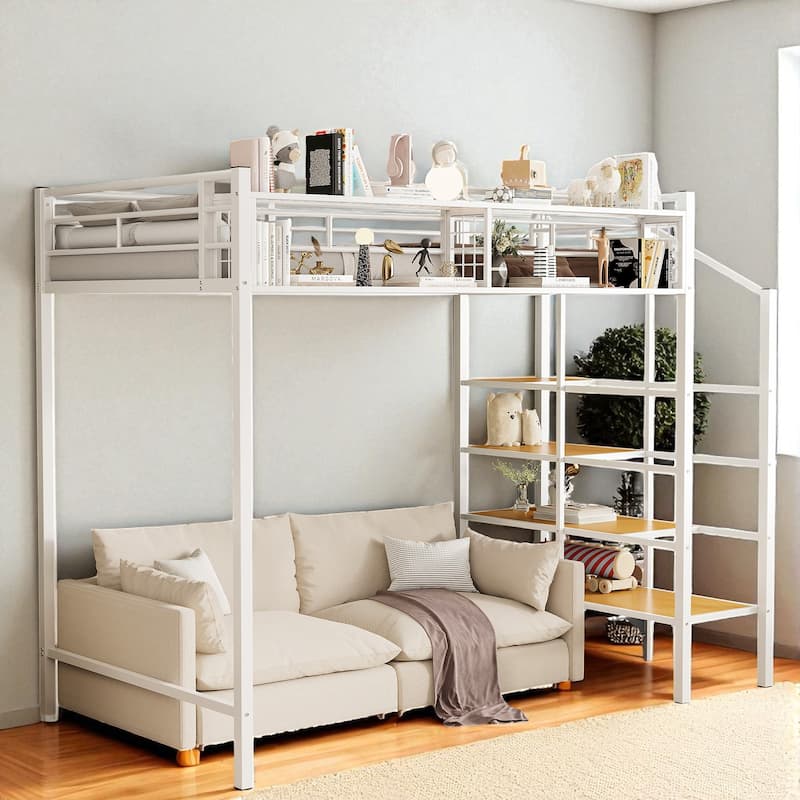 Twin Size Metal Loft Bed with Grid Storage Shelf and 4-Tier Lateral Ladder Shelves