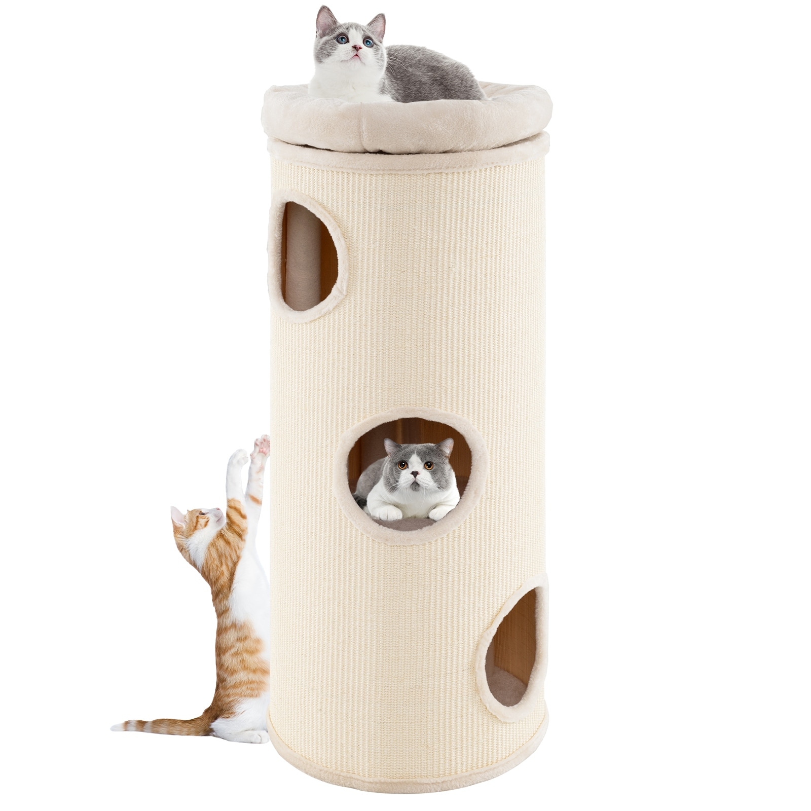 Gymax 49'' Barrel-Shaped Kitten Condo w/ Removable Padded Top Perch - White + Natural