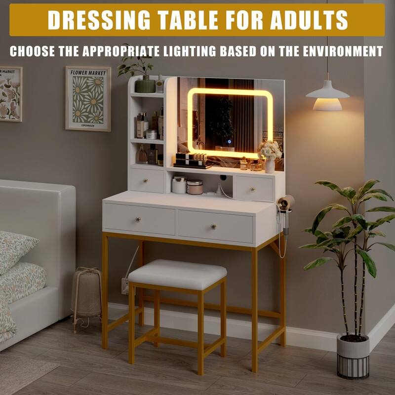 Makeup Vanity with Mirror and LED Lights, Charging Station, 4 Drawers, Shelves, Stool