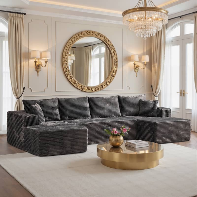 HOOOWOOO Modern Push Corduroy Fabric Sectional Sofa Couch with Pillows - Grey