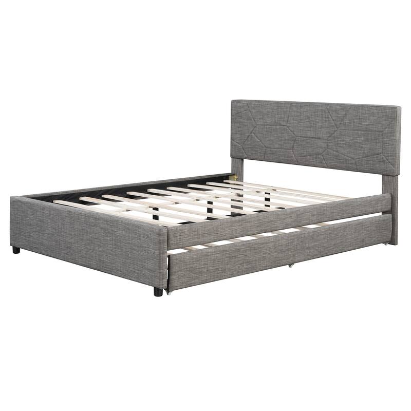 Roomfitters Queen Size Upholstered Platform Bed Frame with Twin XL Trundle and Geometric Patterned Headboard