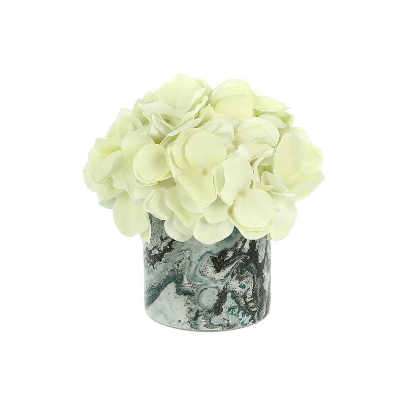 Hydrangea Arrangement in a Glass Vase - White, Dark Marble