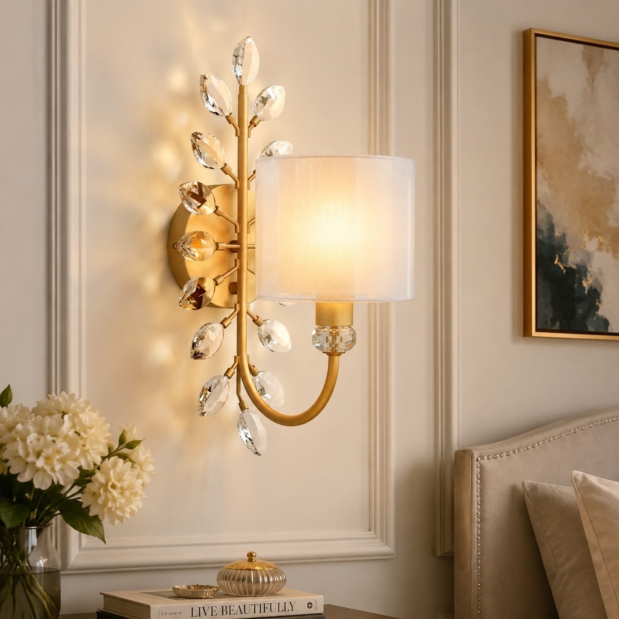 Gold Crystal Leaf 1-Light Wall Sconce with Double-Layer Fabric Shade