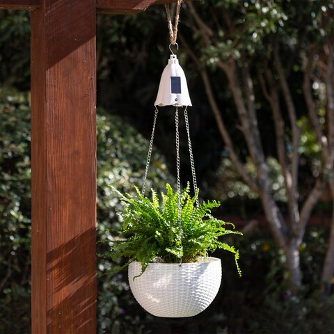 30"H Solar Lighted Plastic Hanging Planter, Black/ White/ Tan by Glitzhome