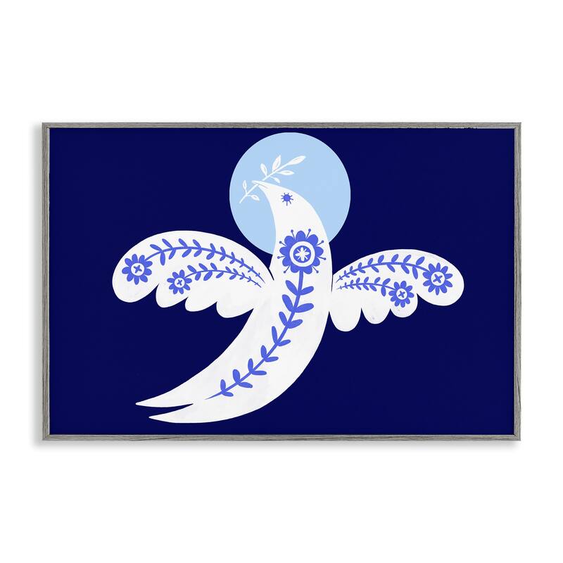 Stupell Peace Dove with Folk Florals Framed Giclee Art Design By Hannah Moren - 18 x 12 - Grey