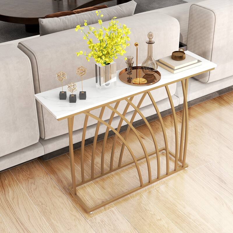 48" Gold Console Table with White Faux Marble Tabletop-White - 48" x 12" x 31.5"