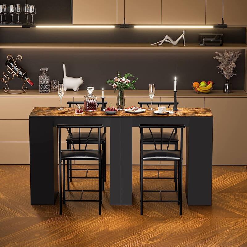 VECELO Counter Height Dining Set 35.7" Pub Table with 3-Tier Shelves PU Leather Chairs for Kitchen Breakfast Nook