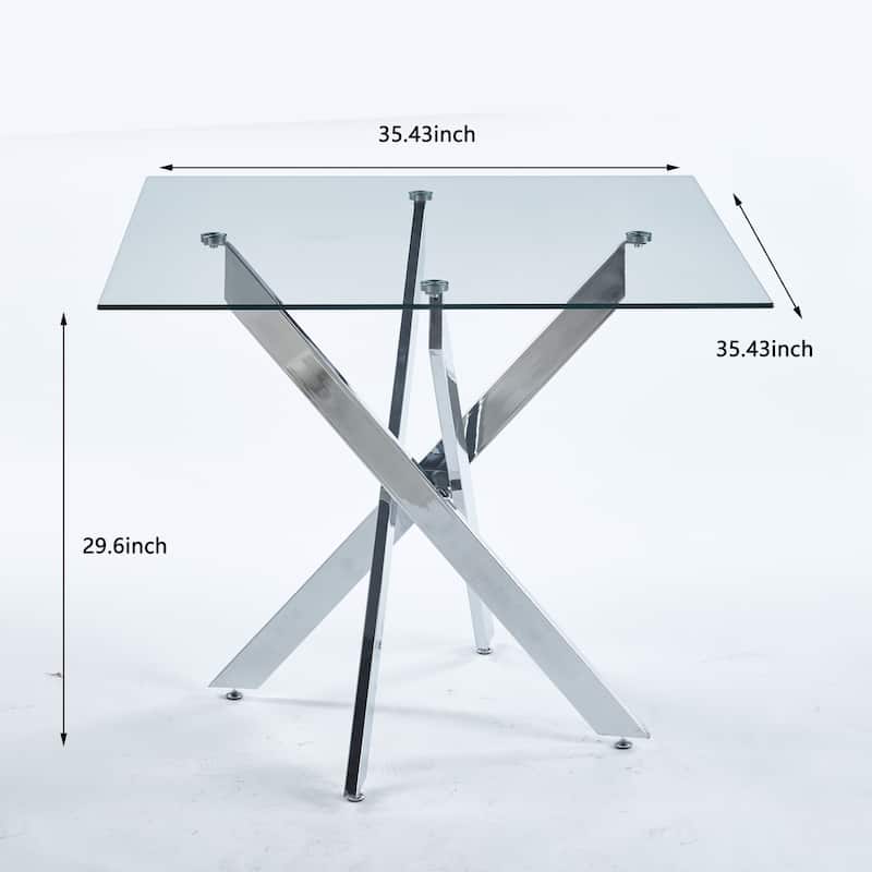 Modern Square Dining Table with Tempered Glass Top & Cross Metal Legs, Space-Saving for Kitchen and Living Room