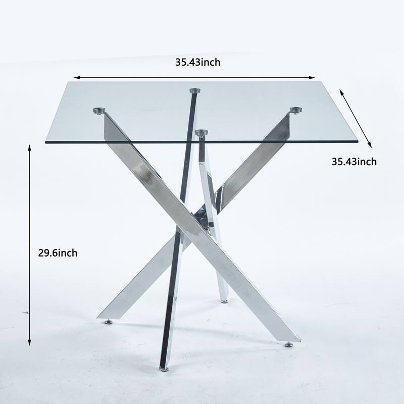 Modern Square Glass Dining Table for 4, Kitchen Table with Tempered Glass Top & Chrome Metal Legs for Dining Room, Living Room