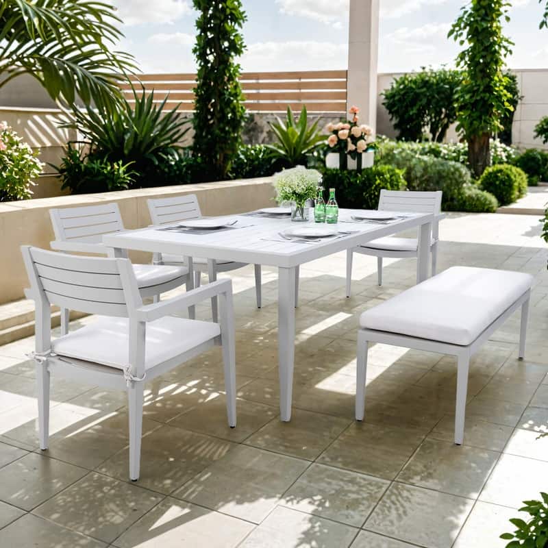 6-Piece Aluminum Patio Dining Set with Sunbrella Cushions – Includes 4 Chairs, 1 Bench & a Two-Tone Table with Umbrella Hole.