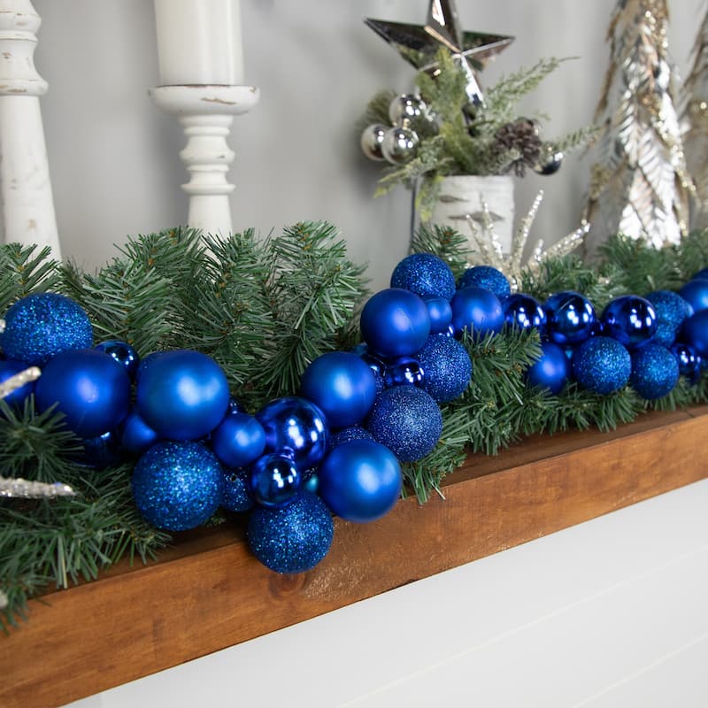 3-Finish Shatterproof Ball Christmas Garland - 6' x 3.5" - Blue - Unlit