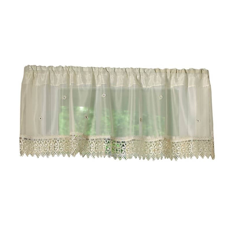 Violet Linen Daisy Design sheer, 60" x 15", Straight, Rod Pocket Curtain Valance - Gold