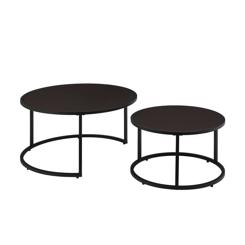 Modern Faux Leather Nesting Round Coffee Table with Golden Metal Base,Accent Tea Table for Living Room Set of 2