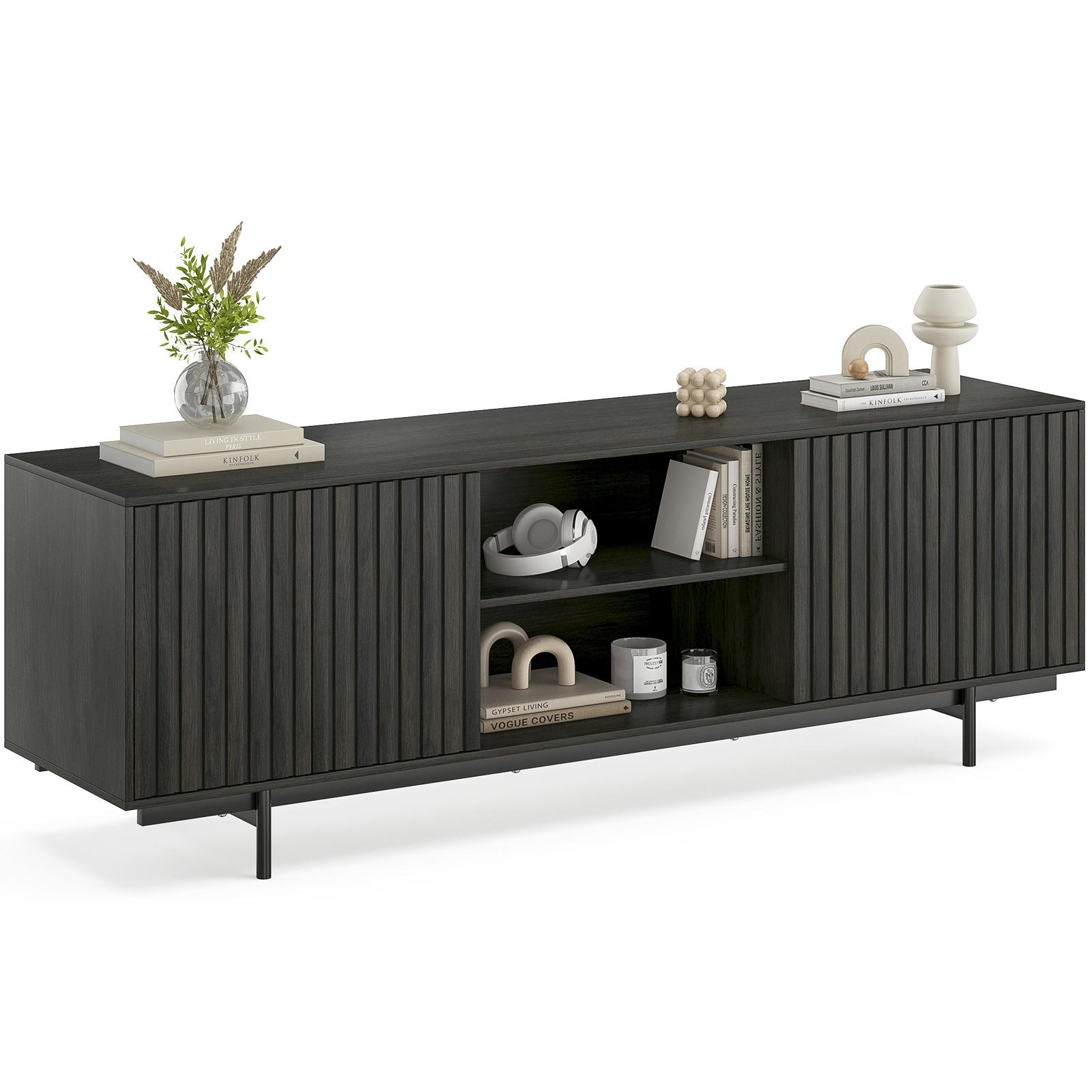 Mid Century Modern TV Stand for TVs Up to 75", Farmhouse Fluted TV Stand, Retro Wood TV Stand with Storage and Shelf