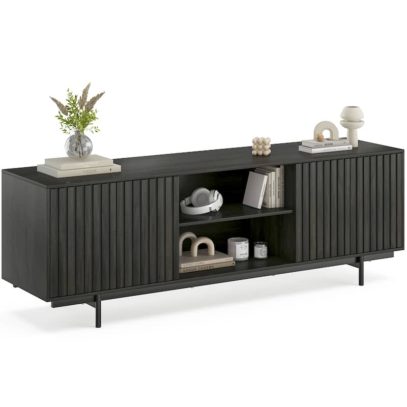 Mid Century Modern TV Stand for TVs Up to 75", Farmhouse Fluted TV Stand, Retro Wood TV Stand with Storage and Shelf - Black