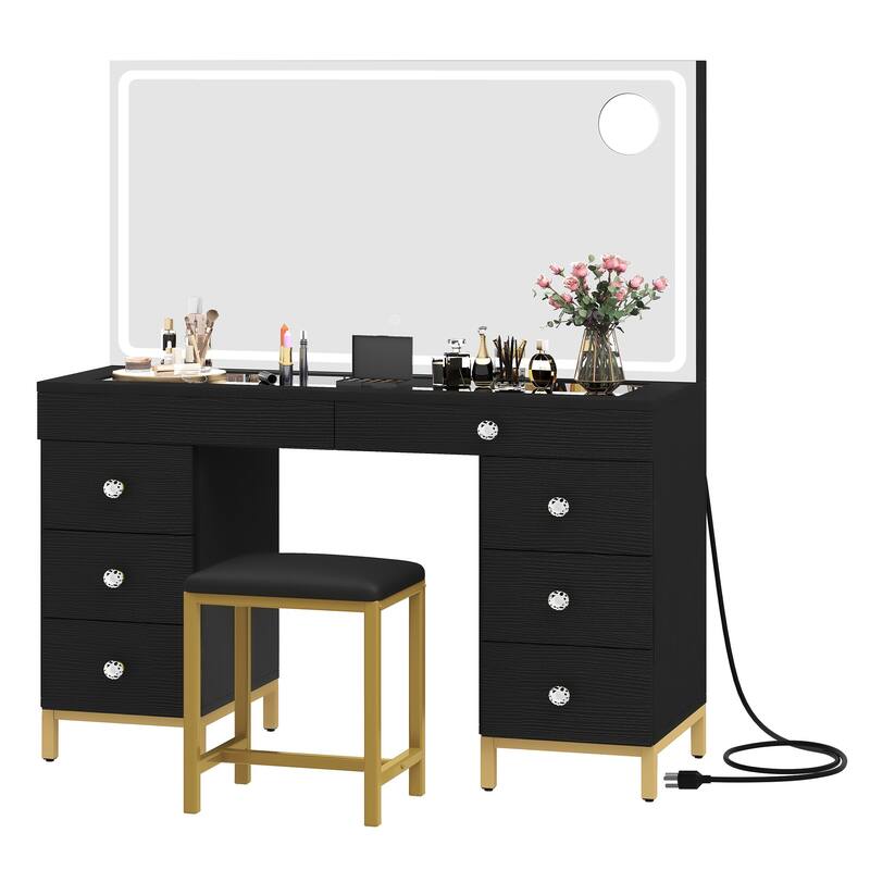 Moasis 45.5" Modern Vanity Table, 8 Drawers, Lights, Mirror, Power Outlet