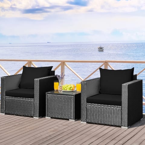 Gymax 3PCS Rattan Patio Conversation Furniture Set Outdoor w/ Black - See Details