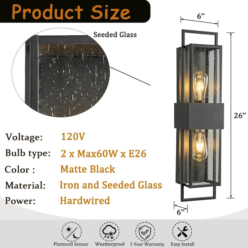 H26'' Modern Seeded Glass Outdoor Wall Light with Dusk to Dawn Sensor Black 2-Light Waterproof Sconce for Porch Garage - W6''
