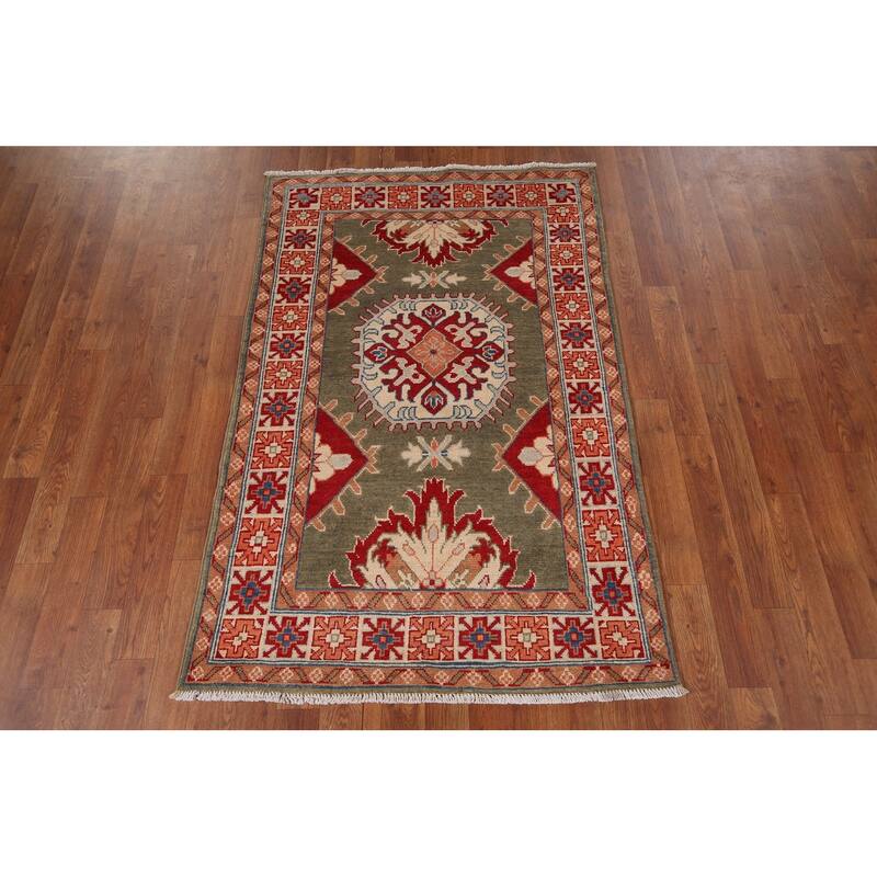 Geometric Kazak Oriental Foyer Rug Handmade Wool Carpet - 3'2" x 4'9"
