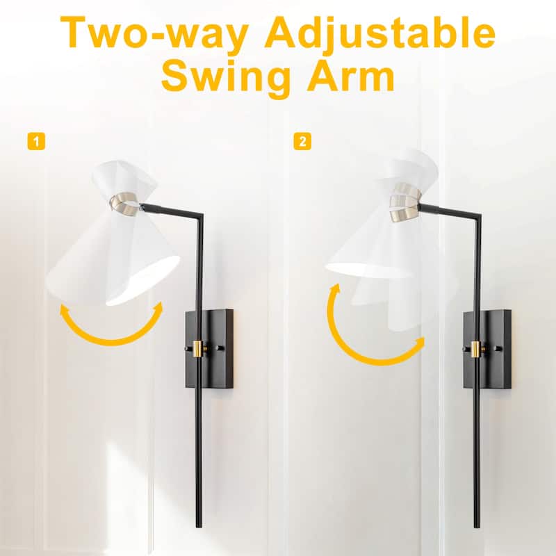 1-Light Black Indoor Wall Sconce with White Cone Metal Shade Modern