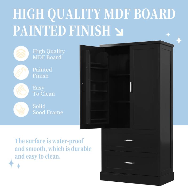 Tall Bathroom Storage Cabinet with Two Doors and Drawers, Adjustable Shelf, MDF Board