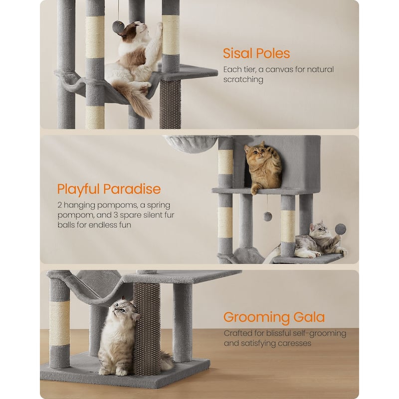Tall Cat Tree with 2 Caves, 2 Baskets, 5 Scratching Posts - 22"L x 18"W x 69"H