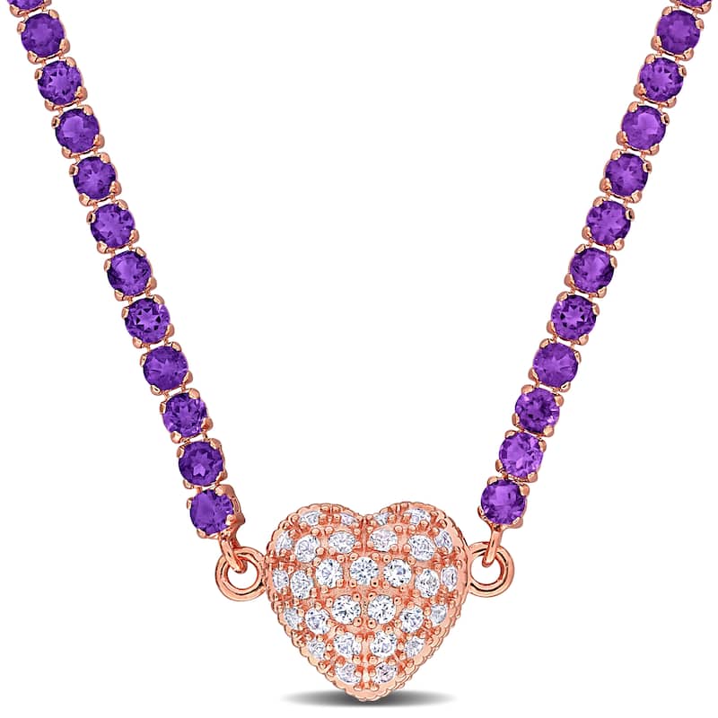 Miadora 11 5/8ct TGW African Amethyst Created White Sapphire Tennis Necklace in Rose Silver-17 in