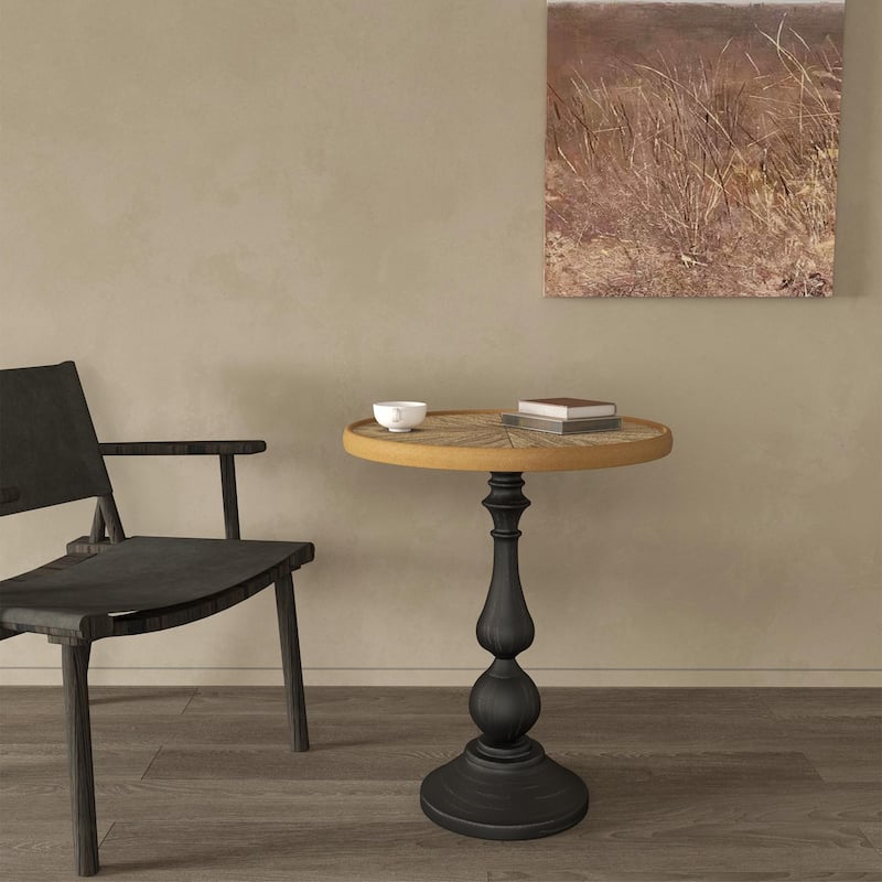 Anmytek Vintage Pedestal End Table Rustic Distressed Top Black Cottage Living Room Side Table