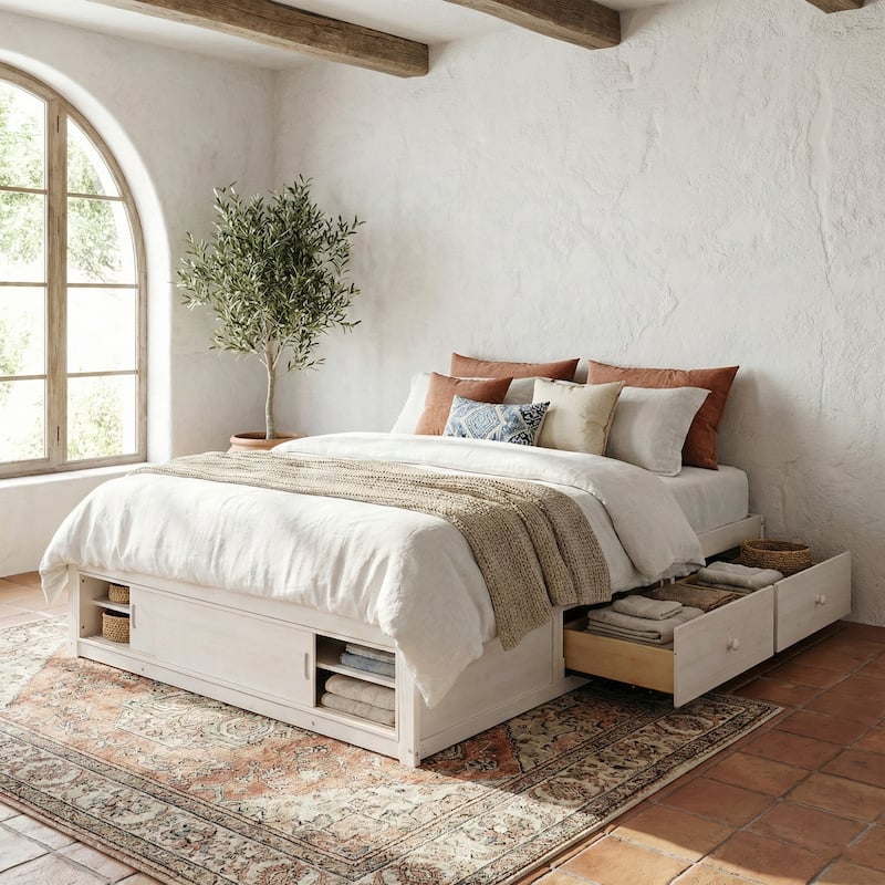 Queen Size Platform Bed Open Frame with Footboard Storage and 4 Drawers - White/ Storage A - Queen