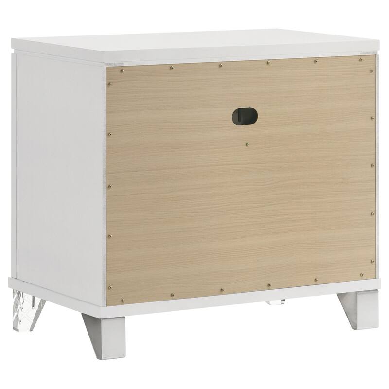 White 2-Drawer Nightstand with Mirror Trim, Herringbone Graphic Panels, Cord Access and Chrome Hardware