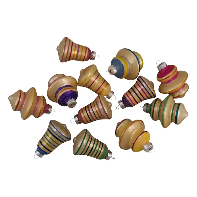 12ct Purple 2-Finish Striped Glass Christmas Finial and Bell Ornaments 2.75"