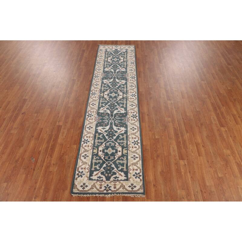 Green & Ivory Oushak Oriental Runner Rug Handmade Wool Carpet - 2'7"x 10'0"