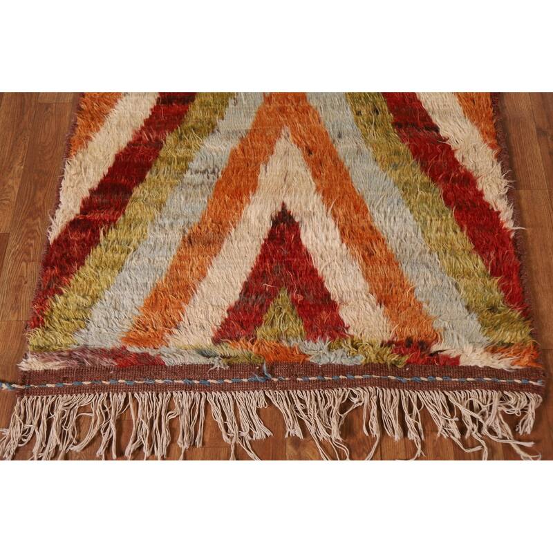 Hand Knotted Oriental 100% Wool Carpet Modern Geometric Multi-Colored Moroccan Runner Rug - 13' 3'' X 3' 2''