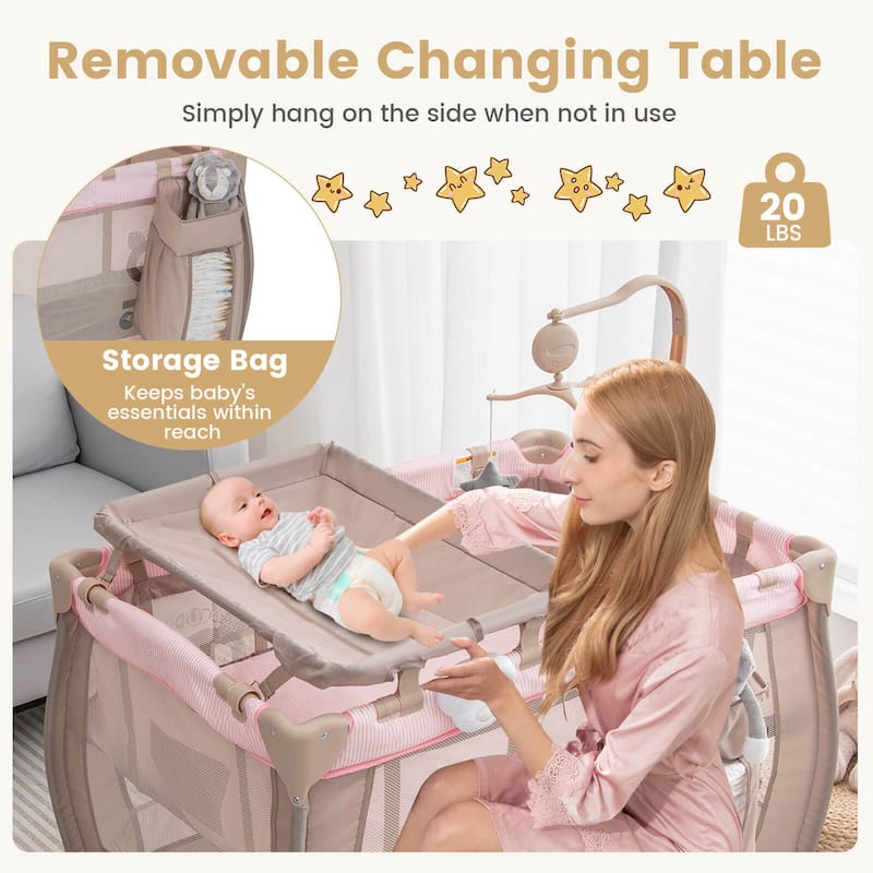 Costway Portable Baby Playard Nursery Center Crib with Hanging Toys & - See Details