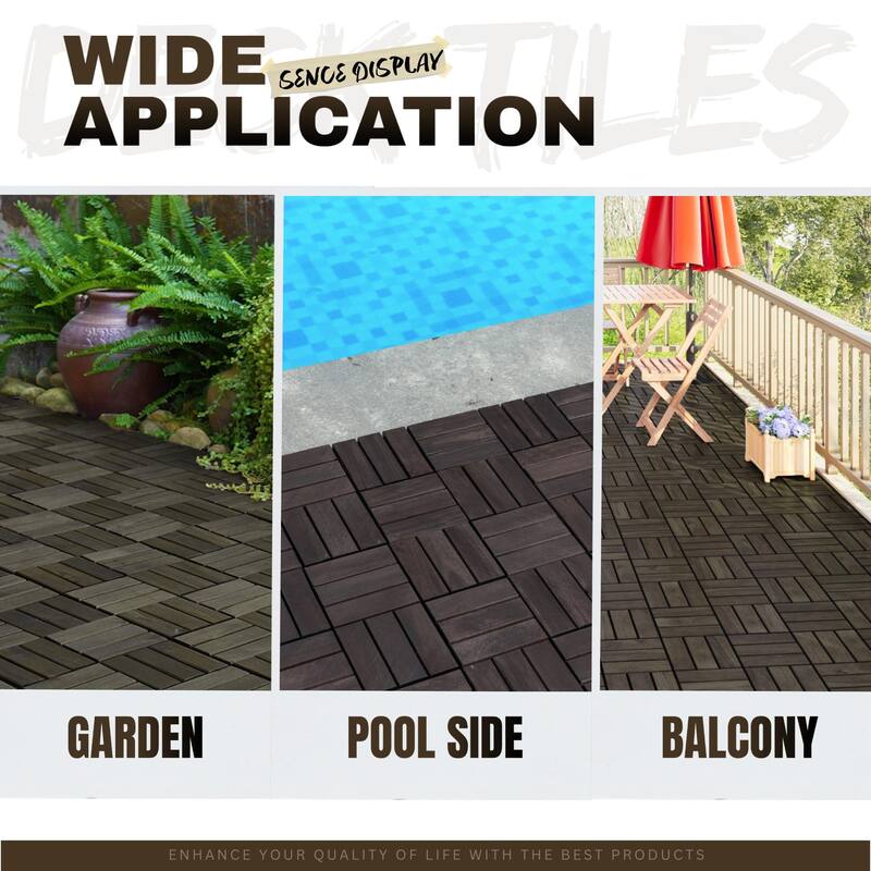 12" x 12" Dark Brown Acacia Wood Interlocking Deck Tiles Checker Pattern