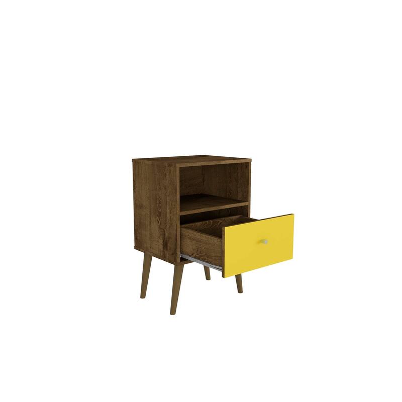 Rustic Brown and Yellow Nightstand with Drawer and Open Cubby