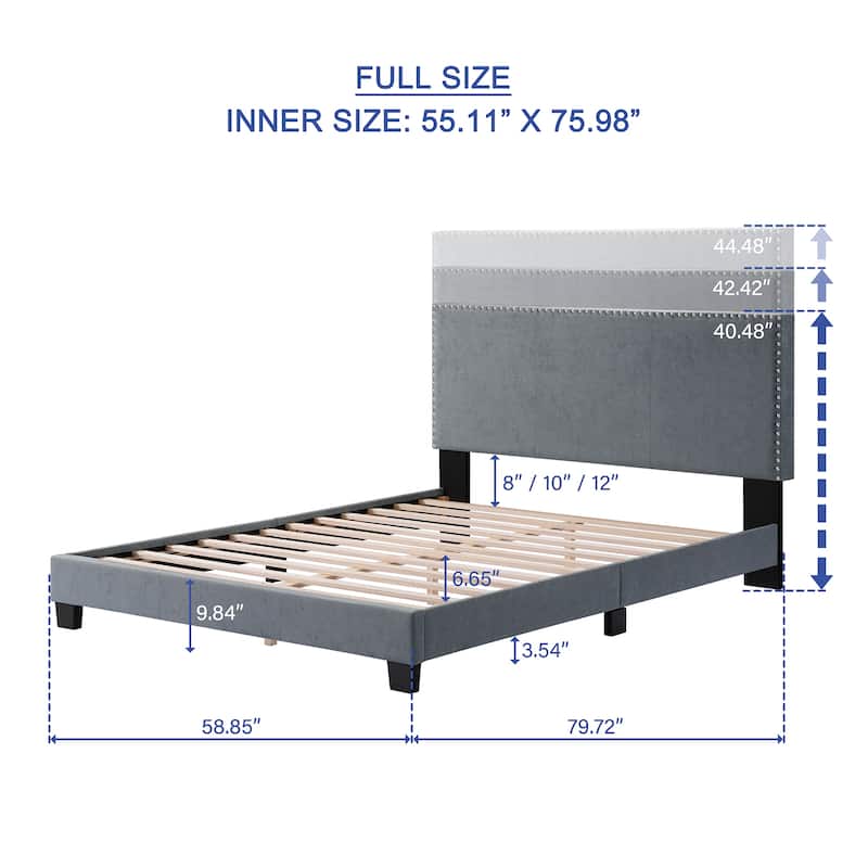 Full/Queen Size Platform Bed Frame, Bedroom Upholstered Bed with Nailhead Trim Headboard, No Box Spring Needed