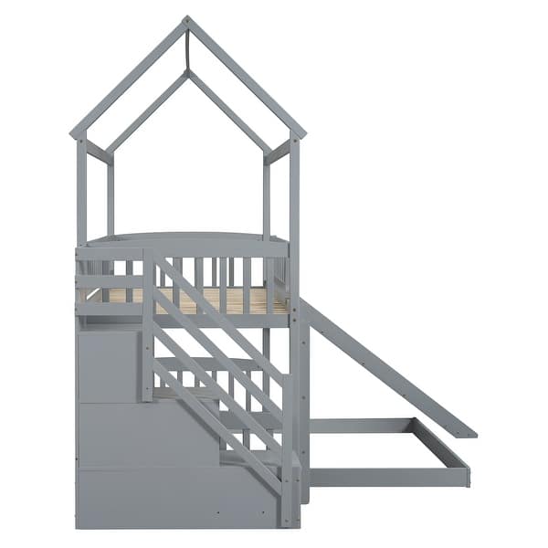 slide 2 of 20, Grey Twin Over Twin Wood House Bunk Bed with Two Drawers and Slide Grey - Twin